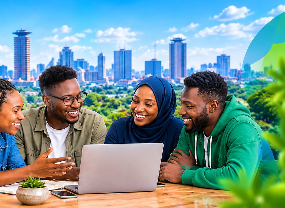 Kenyans collaborating around a laptop with the Nairobi skyline behind them