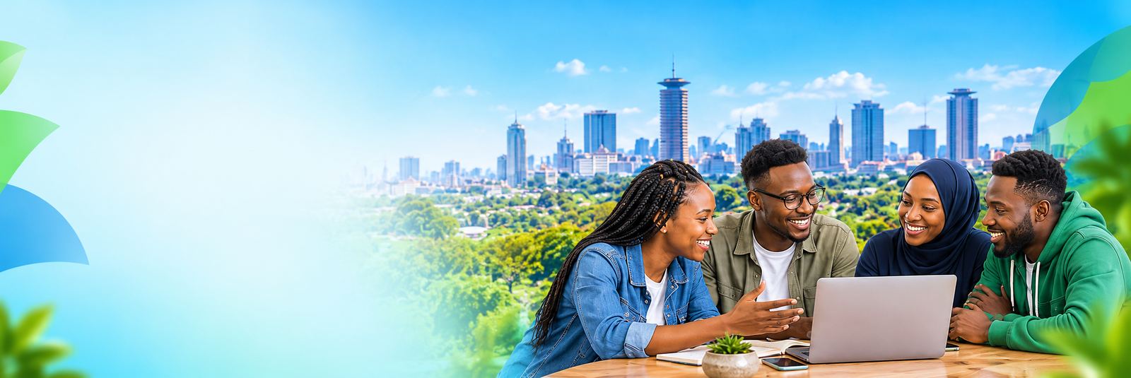 Nairobi skyline with Kenyans collaborating around a laptop